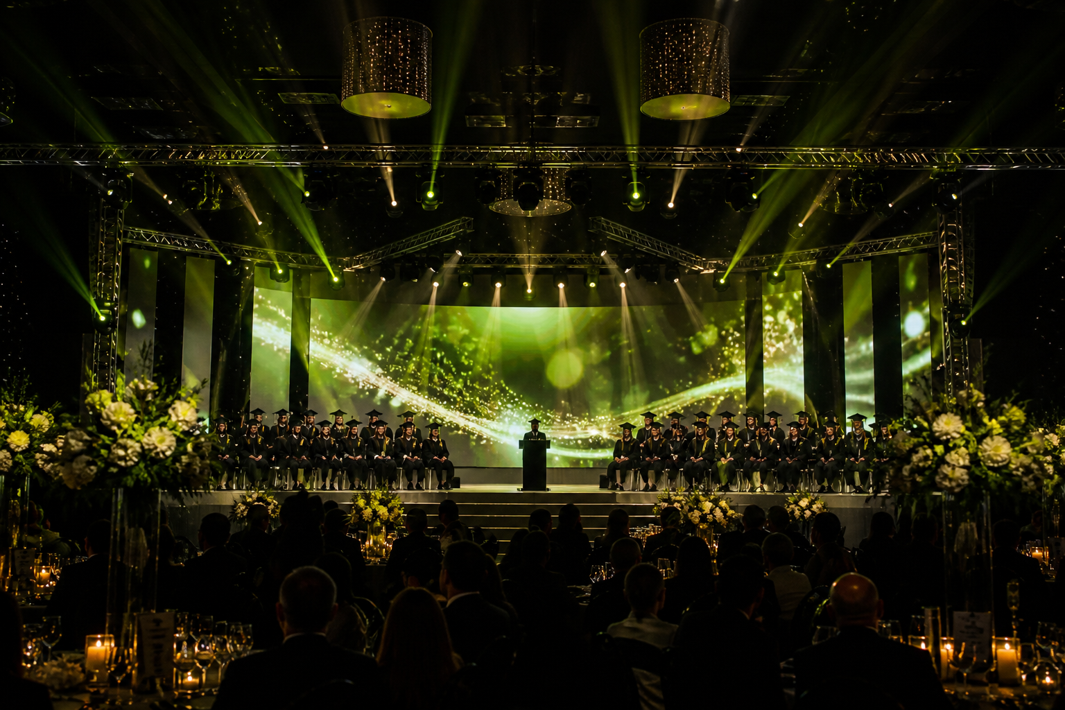 Formatura com palco, LED e iluminação cênica