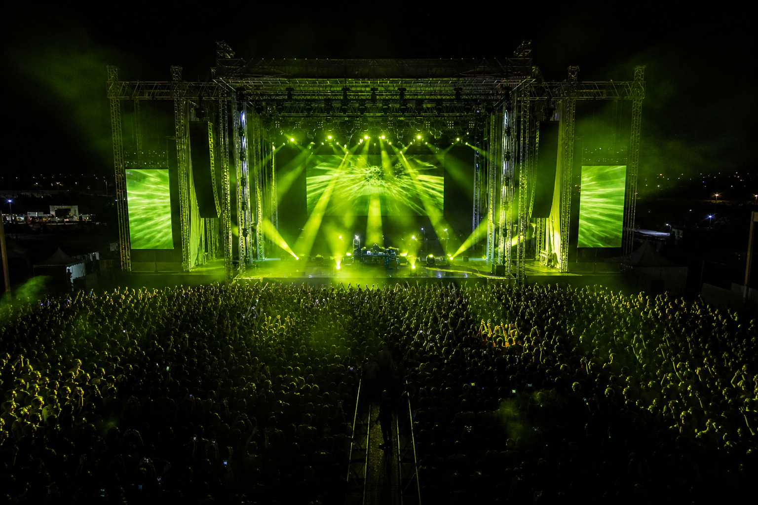 Grande palco de evento com iluminação verde e público